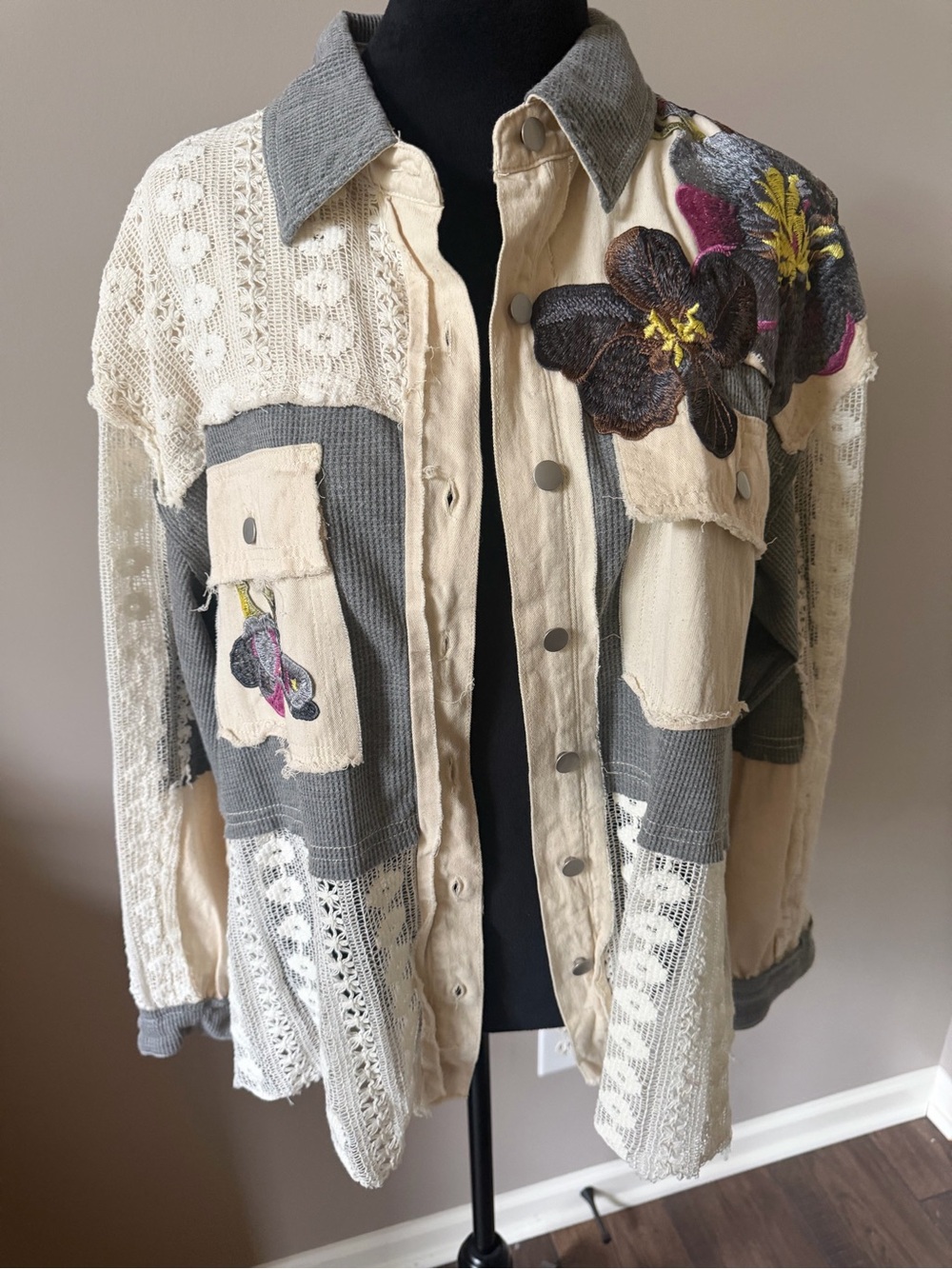POL Custom Cream and Gray Patchwork Jean Jacket with Floral Appliqué Small